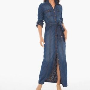 Chico's Size: 3 Women Dress Denim Maxi Dress Leopard print Long sleeve belted